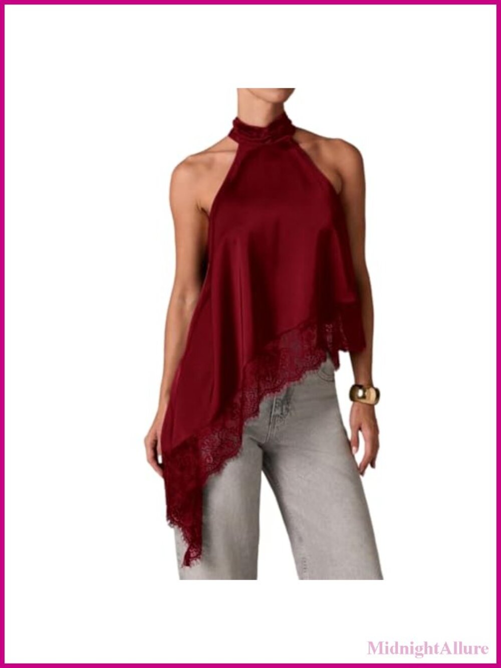 Y2K Satin Sleeveless Mock Neck Lace Trim Tank Top Asymmetric Hem Backless